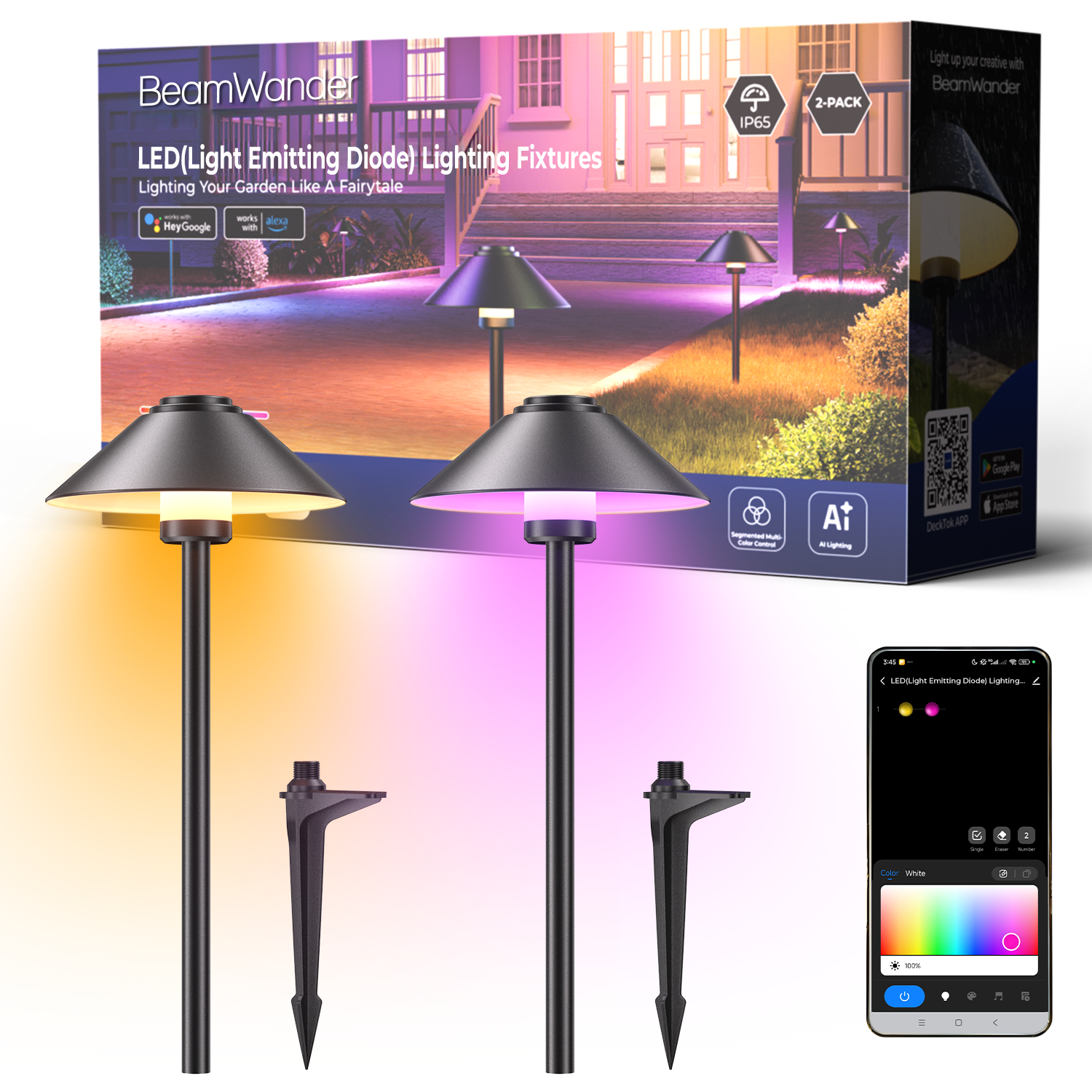 BeamWander LED (light emitting diode) lighting fixtures，Pathway Lighting Wired, IP65 Waterproof Light for Yard Lawn, 2-pack