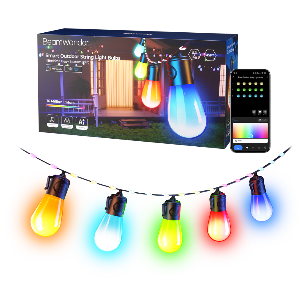 BeamWander Outdoor String Light bulbs, 45ft Smart RGBIC Fairy lights for festive decoration with 12 LED Bulbs, 79 Scene Modes for Outdoor Decor, Works with Alexa, Google,, APP Control, IP65 Waterproof