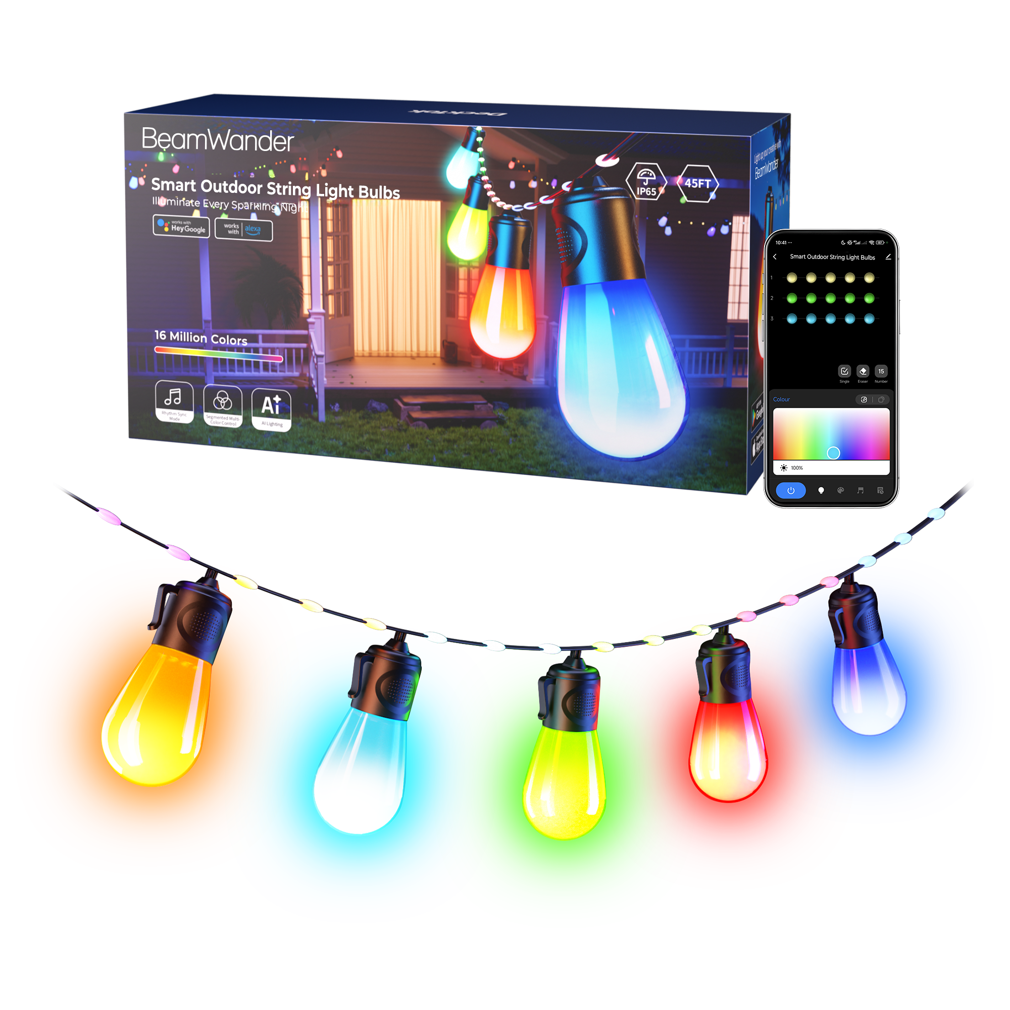 BeamWander Outdoor String Light bulbs, 45ft Smart RGBIC Fairy lights for festive decoration with 12 LED Bulbs, 79 Scene Modes for Outdoor Decor, Works with Alexa, Google,, APP Control, IP65 Waterproof