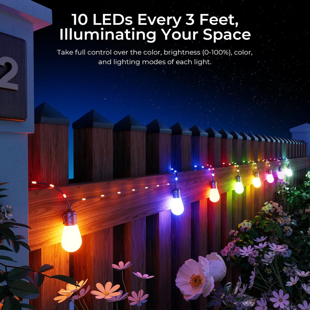 BeamWander Outdoor String Light bulbs, 45ft Smart RGBIC Fairy lights for festive decoration with 12 LED Bulbs, 79 Scene Modes for Outdoor Decor, Works with Alexa, Google,, APP Control, IP65 Waterproof