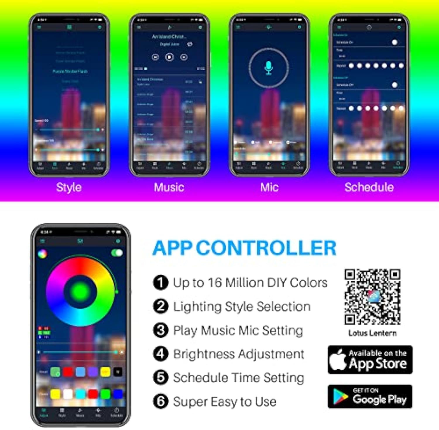 BeamWander Automobile Lights with App and Remote Control, 16 Million RGB Colors, 29 Preset Modes, Music & DIY Mode